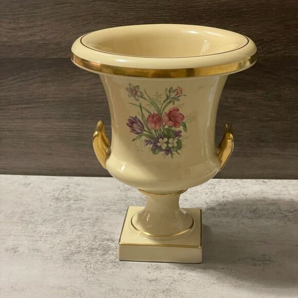 Vintage Trenton Potteries Cream Spring Floral Neoclassic Urn Vase Ceramic 8.25" - Picture 2 of 11